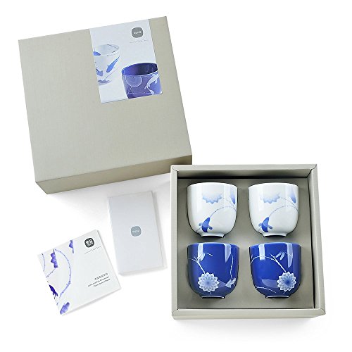 ZENS lifestyle Cups for Tea Coffee Set of 4 Bone China 10 Inch Dinnerware Set 8 OZ 230ML 2 White and 2 Blue Flower and Fish Gradient Pattern