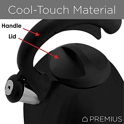 STAINLESS STEEL WHISTLING TEA KETTLE By Premius, Durable Construction And Elegant Design, Cool Touch Grip Handle And Lid, Pleasant Sounding Whistle, Stovetop Teakettle, 3.2 Quarts (Black)