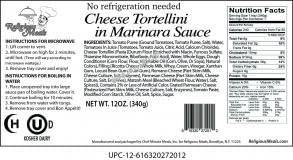 Religious Meals Cheese Tortellini In Marinara Sauce 12 Oz. Pack Of 6.