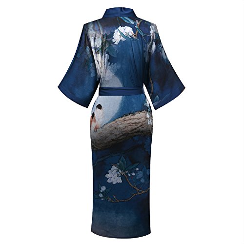 Old-to-new Women's Long Lightweight Elegant Kimono Robe Silk Bathrobe Dressing Gown with Fur- Watercolor Floral