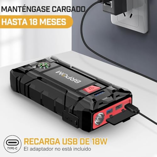 BRPOM Car Jump Starter, 9000A 21800mAh Car Battery Jump Starter 12V (for 8.0L Petrol or 6.5L Diesel), Portable Jump Starter, Quick Charge QC3.0, Long Standby