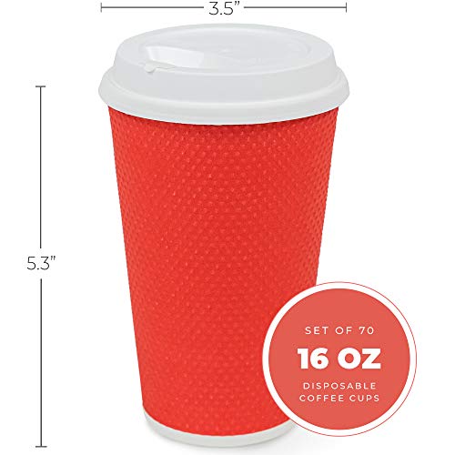 Glowcoast Disposable Coffee Cups With Lids - 16 oz To Go Coffee Cup With Lid (70 Set). Large Togo Travel Paper Hot Cups Insulated For Hot and Cold Beverage Drinks, No Sleeves Needed (Poppy)