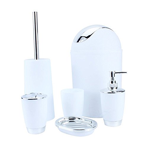 Zuvo 6 Pcs Plastic Bathroom Accessory Set Luxury Bath Accessories Bath Set Lotion Bottles, Toothbrush Holder, Tooth Mug, Soap Dish, Toilet Brush, Trash Can, Rubbish Bin (White)