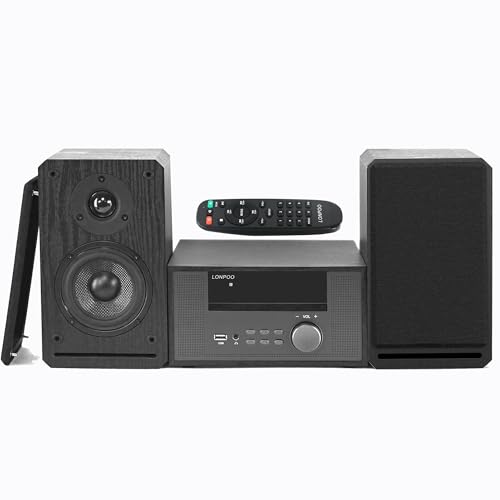 Stereo System for Home, LONPOO Bluetooth Micro Stereo Shelf System with 100 Watts RMS, Build-in FM Radio, USB Playback and AUX-in,Black