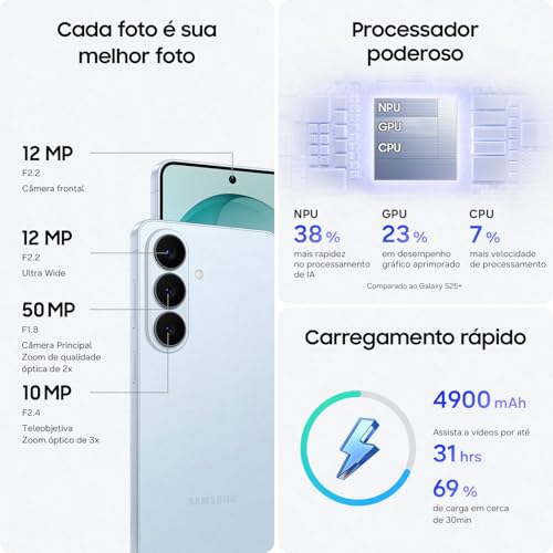 Celular Samsung Galaxy S26+ 5G, 256GB, 12GB RAM, Câmera Tripla de 50+12+10, Tela Grande de 6.7" - Violeta