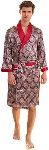 Binken Men's Satin Robe Printed Bath Sleepwear Long Classic Charmeuse Robe (XL, Red)