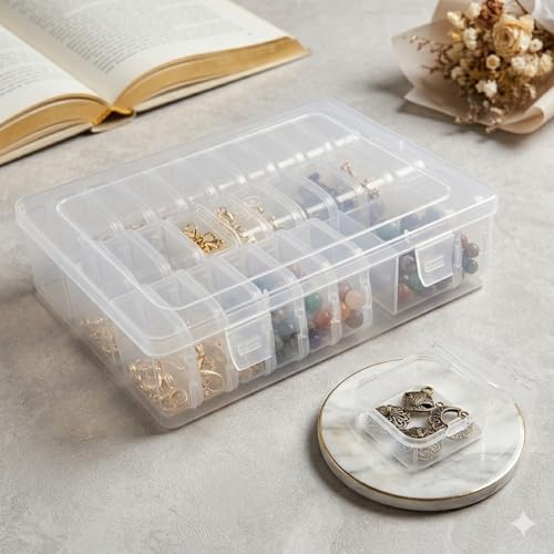 Caixa Organizadora Grande Transparente com 30 Caixinhas, Plástico, 22.5x16.5x5.6cm, para Miçangas e Bijuterias