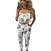 FANCYINN Women's Two Pieces Floral Pants Outfits Jumpsuit Romper Spaghetti Strap Crop Top and Long Pants Summer Casual Style Gray Leaf S