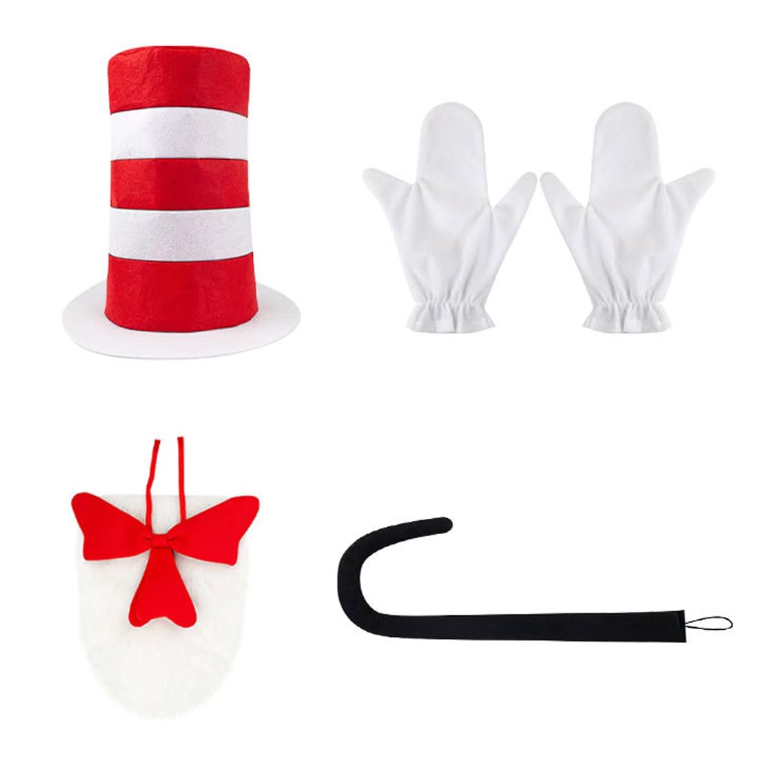 UZEXYO 4 Pcs Kids Cat Costume with Red Striped Top Hat and Bow Tie Furry Outfit Gloves Tail for World Book Day Dress Up