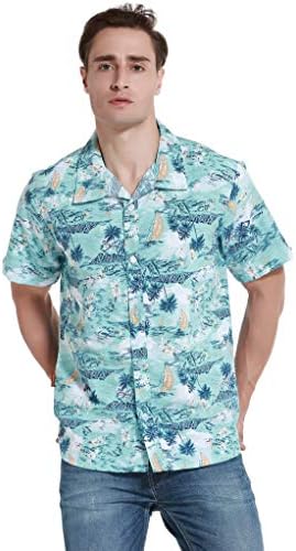 DuringVillage Aloha Hawaiian Shirt for Men Island Yacht Pattern Button Down Tropical Short Sleeve