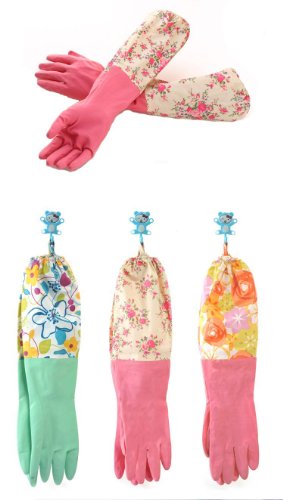 UZZO Long Sleeve Flower latex Kitchen Wash Dishes Dishwashing Gloves,Water Stop Rubber Gloves,Household Antiskid Laundry housework Cleaning Gloves Protect Your Hands
