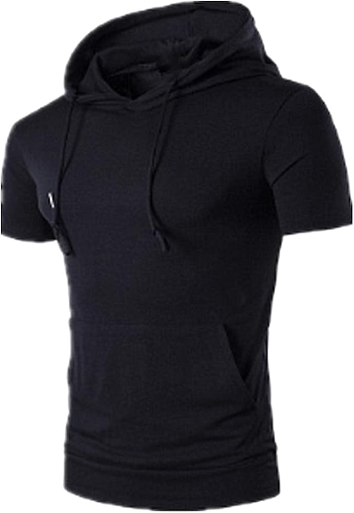Men Summer Short Sleeve Sweatshirt Men's Hooded Large Pockets Solid