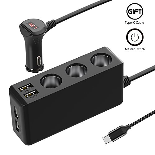 Cigarette Lighter Adapter USB C Car Charger 3 Socket Multi Power DC Outlet Splitter 12V/24V 120W 4 USB Ports with LED Voltmeter Type C Cable for iPhone iPad Android Samsung GPS Dash Cam Black Cigarette Lighter Adapter USB C Car Charger 3 Socket Multi Power DC Outlet Splitter 12V/24V 120W 4 USB Ports with LED Voltmeter Type C Cable for iPhone iPad Android Samsung GPS Dash Cam Black