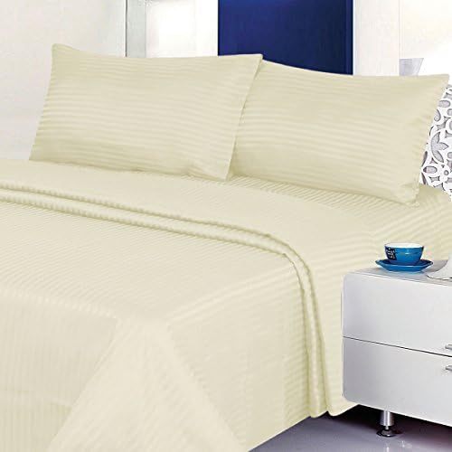 Deluxe Home Buy-1-Get-1-Free - 4 Piece Classic Dobby Stripe Sheet Set, Wrinkle Free Double Brushed Microfiber 2000 Series Sheet and Pillow Case Set (Beige, King)