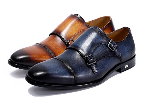 Felix Chu Genuine Men's Leather Shoes Brown Blue Italian Double Monk Men Dress Shoes