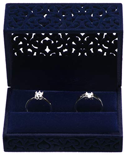 Hollow Velvet Ring Box Velvet Jewelry Box for Rings Couple Double Ring Bearer Box Engagement Gift(Dark Blue) - Thumbnail 3