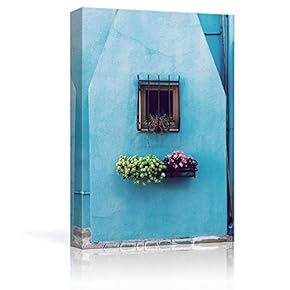 Canvas Wall Art Blue Wall Small Window Red Green Flowers Painting Artwork for Home Prints Framed - 12x18 inches