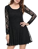 Allegra K Women's Scoop Neck Sheer Long Sleeves Floral Lace Mini Skater Dress - X-Large - Black