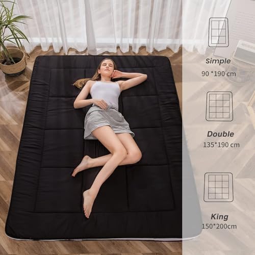 MAXYOYO Japanese Futon Mattress Floor Padded Quilted Mattress Topper, Extra Thick Sleeping Pad Foldable Breathable Floor Lounger Guest Bed for Camping Sofa (Black, King)