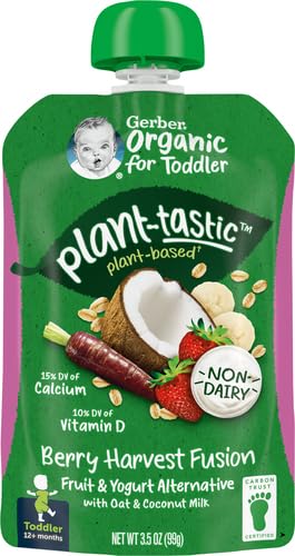 GERBER ORGANIC BABY FOOD POUCHES, TODDLER, PLANT-TASTIC, BERRY HARVEST FUSION, FRUIT & YOGURT ALTERNATIVE WITH OAT & COCONUT MILK, NON-DAIRY, 3.5 OZ