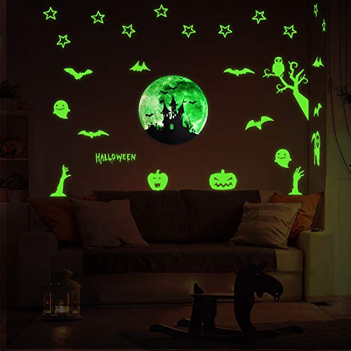 VIVREAL Halloween Wall Decals, Glow in The Dark Wall Stickers Halloween Decorations, Luminous Decals Glow Stickers Zombie Pumpkin Ghost Halloween Decor Kids Room Door Window