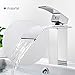 ROVOGO Waterfall Bathroom Vanity Sink Faucet, Single-Handle Single-Hole Cold and Hot Water Mixer Tap with Large Rectangular Spout, Brass Lavatory Sink Faucet, Chrome
