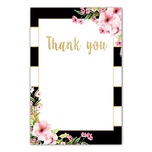 30 Blank Thank You Cards Notes Floral Pink Black Bridal Shower Birthday + 30 White Envelopes