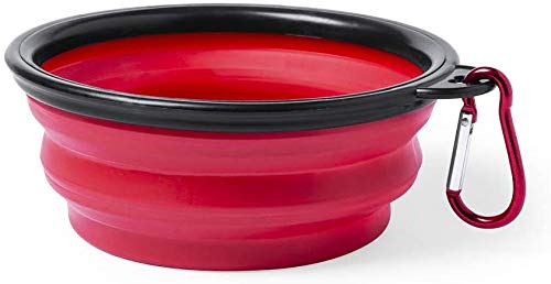 Folding Bowl for Dogs and Cats - Pet Feeder - Portable Travel Container - Portable Water Bowl with Metal Hook Easy to Carry - Feeder and Drinker (Red)