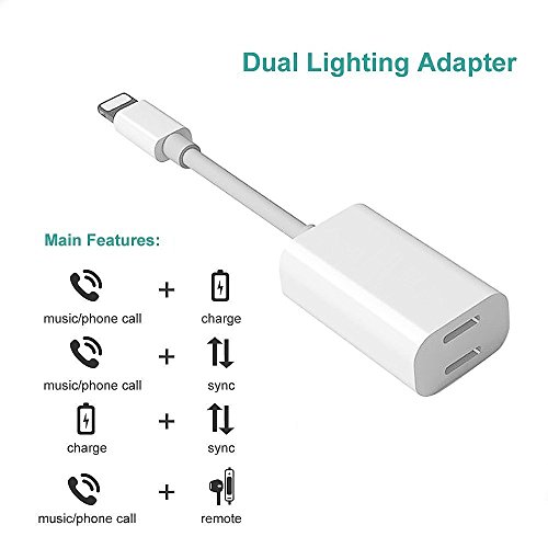 Dual Lightning Adapter Splitter, ANLOER iPhone 7 Adapter & Splitter for iPhone 8 / 8 Plus / 7 / 7 Plus (Suport iOS 10.3 and later) Lightning Headphone Audio + Charge Adapter (White)