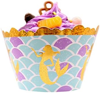 Mermaid Cupcake Wrappers Baby Shower Birthday Party Supplies Glitter Decorations-Set of 24