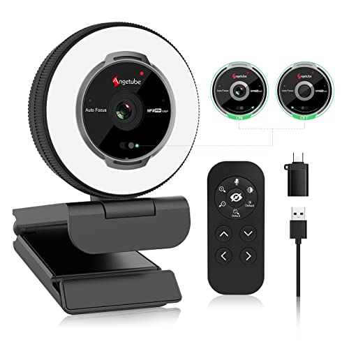 Angetube 60FPS 1080P Webcam mit Ringlicht - PC Kamera mit 5X Digitalzoom und Fernbedienung,Eingebaute Dual-Noise-Cancelling-Mikrofone und Sichtschutza