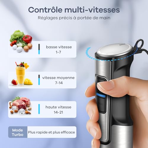 Ganiza Mixeur Plongeant 5-en-1, Mixeur Plongeur 1200W en Acier Inoxydable, Vitesse Réglable& Modes Turbo, avec Hachoir de 600ml, Fouet, et Verre Doseur 800ml, Idéal pour Soupes, Smoothies