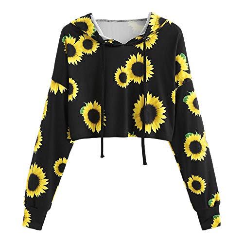 Vicbovo Cropped Sweatshirt, Women Teen Girls Cute Sunflower Long Sleeve Hoodie Crop Tops Loose Pullover Shirts (Black, S)