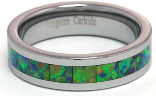 Almost Forever Jewelry 6mm Synthetic Opal Tungsten Ring with a Brilliant Display Multi Color Fire (Yellow Green)