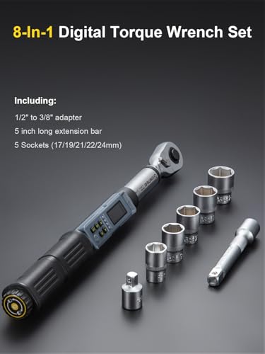 GROWNEER Digital Torque Wrench, 7.38-147.5 Ft-lbs/10-200 nm, 1/2'' Drive Inch Pound Rachet with Buzzer & Colorful LED Indicator, Electronic Torque Wrench Set for Bike Motor Car Auto Repair