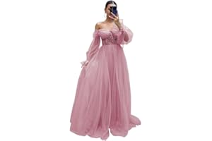Fokissy Long Sleeve Tulle Prom Dresses Ball Gown Womens A Line Lace Applique Puffy Formal Evening Gowns