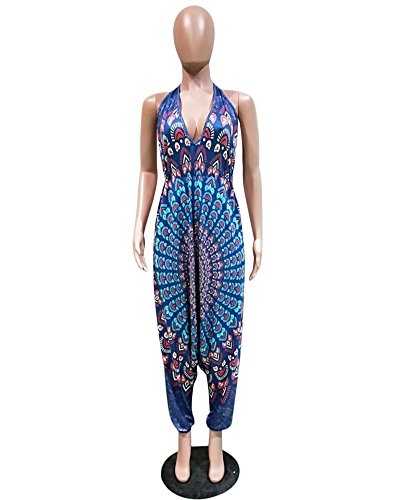 Kafiloe Womens Boho African Print Spaghetti Strap Loose Fit Harem Jumpsuit Rompers Pants Long Summer Casual Blue L