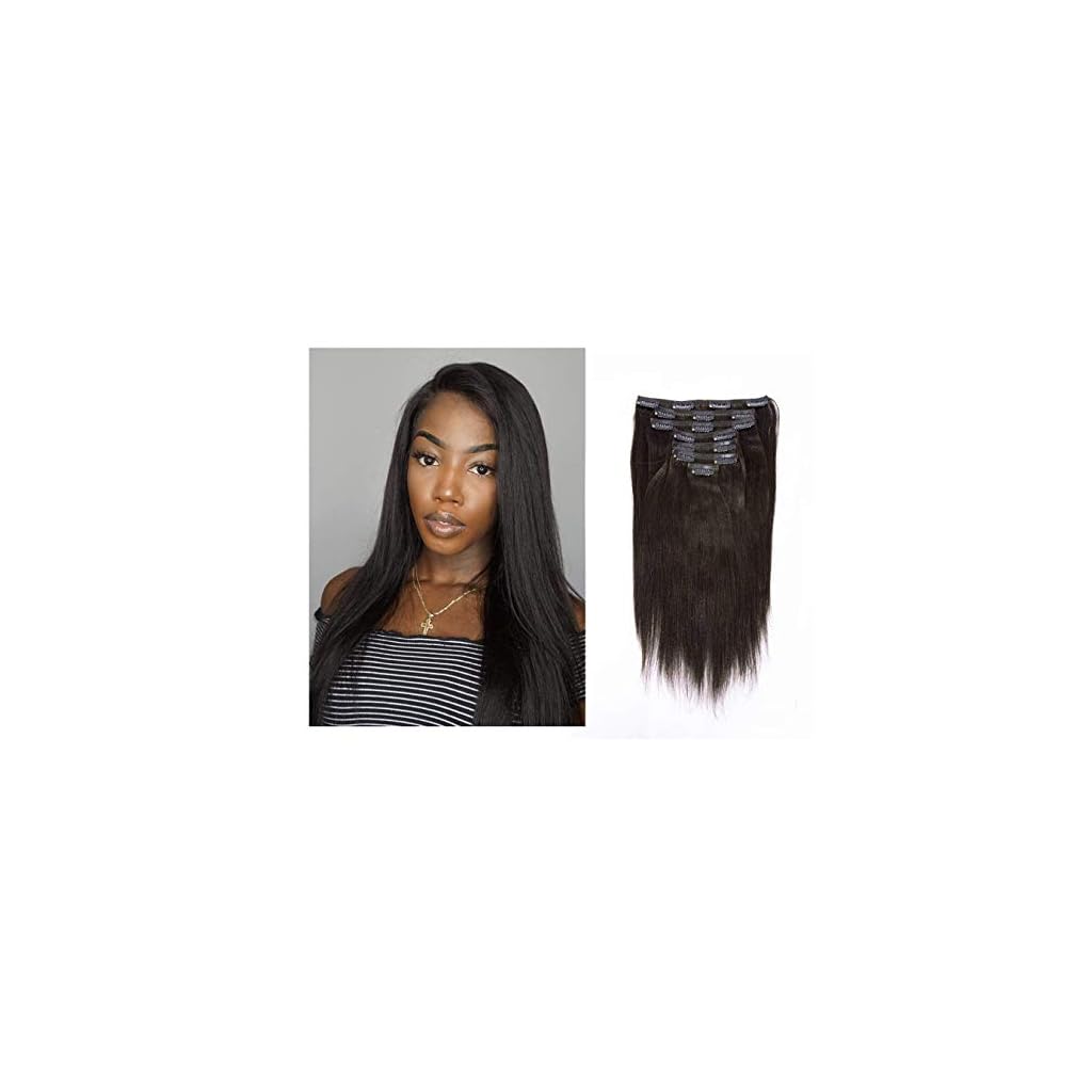 Lacer 10 inch Yaki Clip in Hair Extensions Human Hair, Natural Black