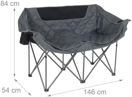 Banc de Camping, 2 Places, Pliable, accoudoirs, 2 Porte-gobelets, Sac Transport, 84x146x54 cm, Gris