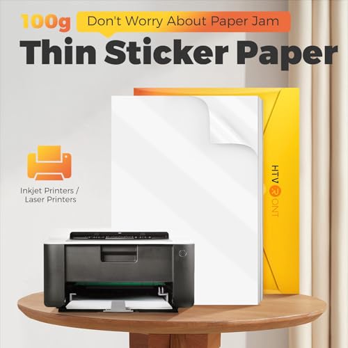 HTVRONT Printable Vinyl Sticker Paper, 100 Sheets Glossy Waterproof Sticker Paper For Inkjet Printer Dries Quickly-Standard Letter Size 8.5"X11"