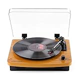 Musitrend LP 3-Speed Turntable with Built-in Stereo Speakers, Vintage Style Record Player Support Vinyl-to-MP3 Recording, RCA Output, Natural Wood