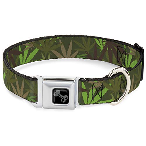 Dog Collar Bone - Marijuana Leaves Stacked Browns Greens - Wide-Small 13-18"