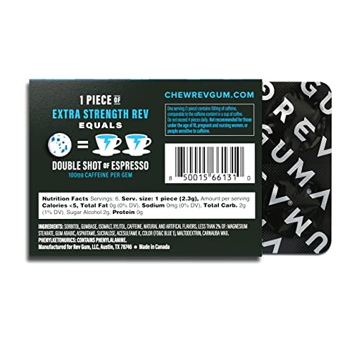 Rev Gum Caffeine Energy Gum Extra Strength 100mg of Caffeine per Gem