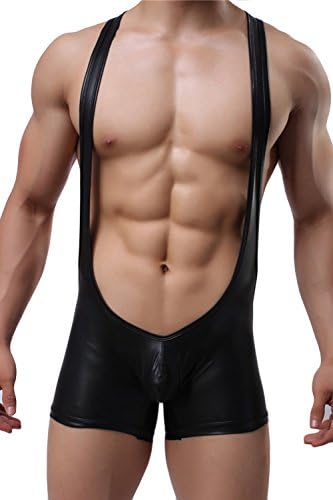 XuyIeY Mens Bodysuit Boxers Sexy Open Back Singlet Leather Jumpsuit Wrestling Freestyle Belt Bikini Underwear