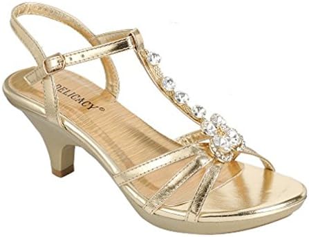 Delicacy Womens Strappy Rhinestone Dress Sandal Low Heel Shoes Heeled Sandals, 62Gold, 5