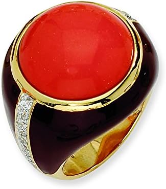 Gold-Plated Sterling Silver Brn Enam Simulated Red Coral &amp; Cz Ring, Size 8