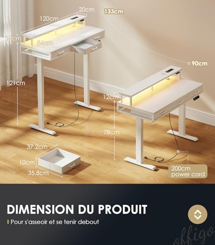 OffiGo Standing Desk with 3 Drawers, 120 cm Electric Desk with Monitor Stand, Standing Desk with Charger and LED Light, Table for Work, White