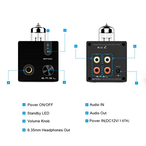 SMSL SP100 Tube Headphone Amplifier Desktop HiFi Amplifier 6N3 Tube for 6.35mm 3.5mm Headphones (Black)