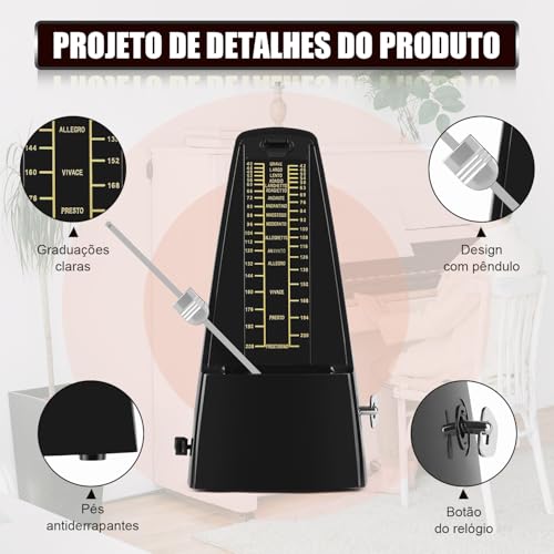Metrônomo Mecânico, Metrônomo Universal para Guitarra, Bateria, Piano, Violino e Outros Instrumentos, Metrônomo Mecânico Analógico, Temporizador Musical de 40 a 208 Batidas