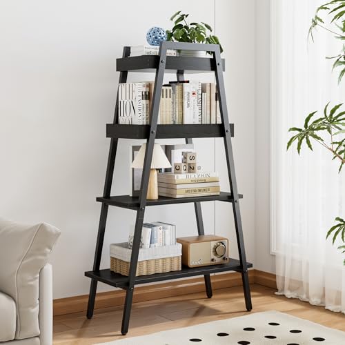 VECELO Ladder Shelf, 4 Tier Wooden Bookshelf with Metal Frame, Freestanding Boo…